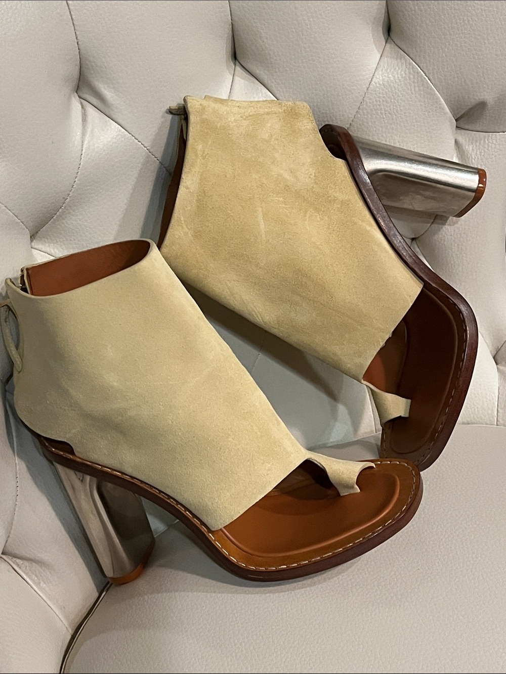 Celine Bam Beige Suede Open-Toe Bootie Silver Metallic Heel Luxury EU 38 8